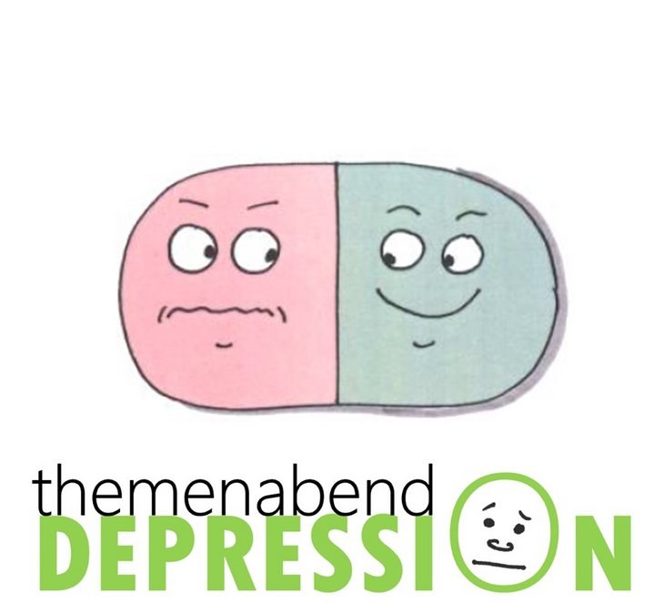 Illustration des Wortes Depression mit einem traurigen Gesicht im Buchstaben O. Dazu lächelndes und trauriges Gesicht.