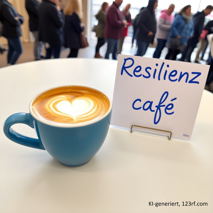 Das Bild zeigt eine Tasse mit Kaffee, ein Schild mit dem Schriftzug "Resilienzcafé" und im Hintergrund eine Gruppe Menschen